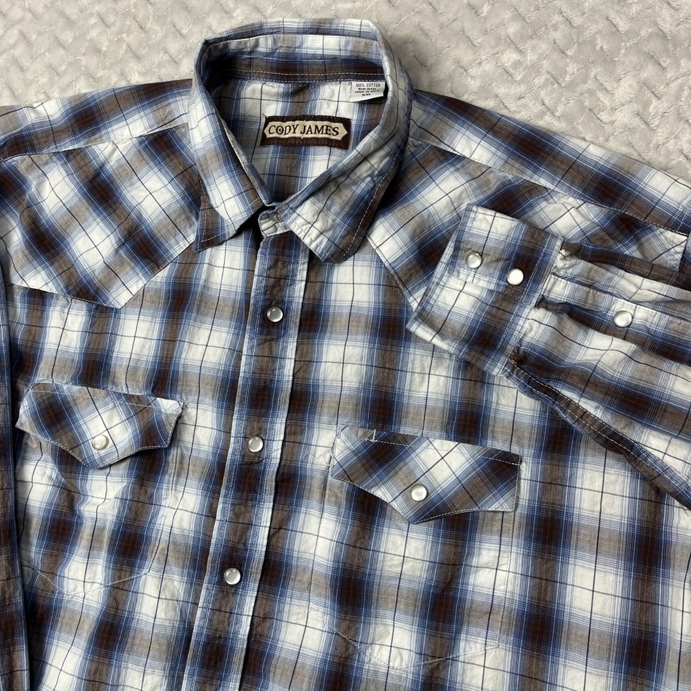 Cody James Shirt Mens 2XL Blue Black Plaid Western Pearl Snap Shirt Long Sleeve